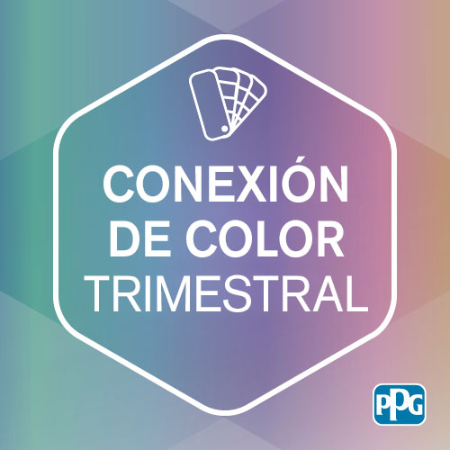 Símbolo de muestra de color en blanco, con el texto "QUARTERLY COLOR CONNECT" dentro de una forma hexágonal, con degradado de arco iris en el fondo y logotipo de PPG en la parte inferior derecha