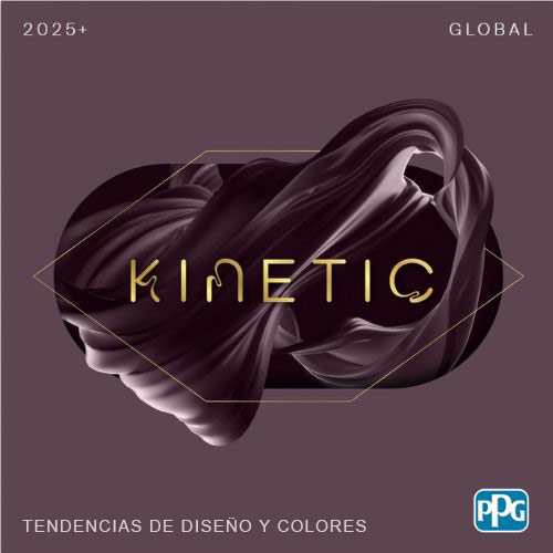 Forma de remolino de color morado oscuro sobre un fondo violeta con la palabra "Kinetic" dorada en primer plano.